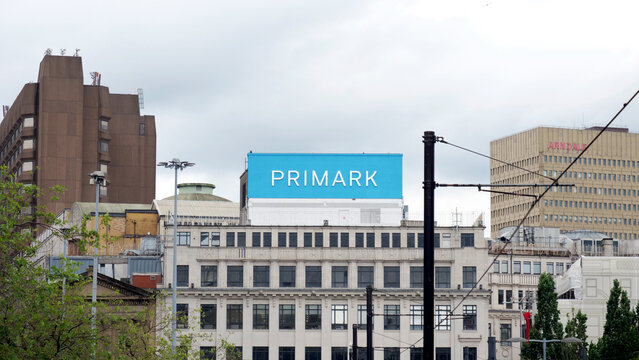 Manchester, England, UK - 18 June 2026: Primark store sign on building facade in Manchester city center, corporate logo billboard on retail architecture background, United Kingdom urban skyline
