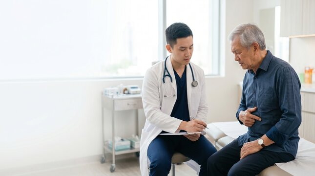 A doctor is sitting with an older man in a clinic. The doctor is taking notes while the man looks concerned about his health issues. The room is well-lit and organized