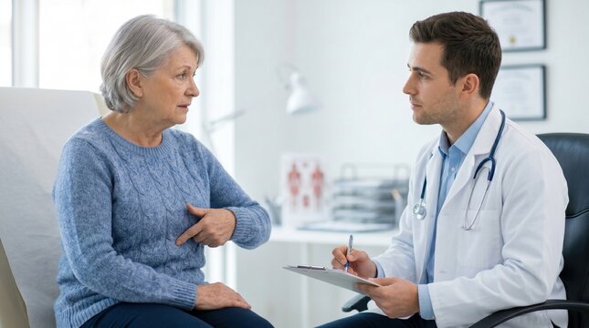 A doctor talks to an older woman in a medical office. The woman points to her chest as they discuss her health. The doctor takes notes on his clipboard