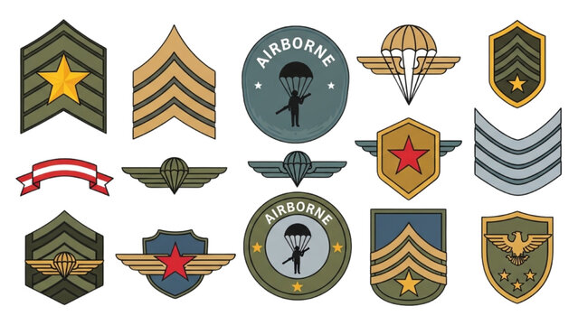Military emblems and badges with insignia displayed on a surface