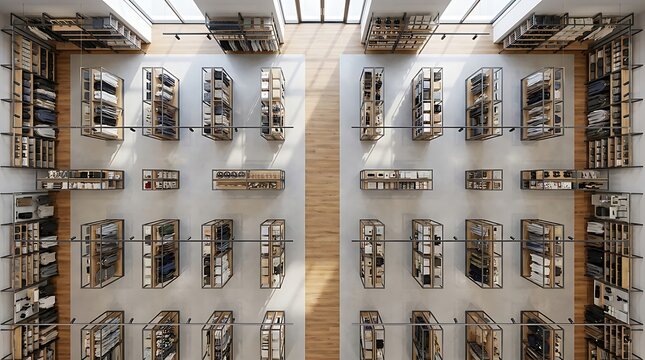Top view of a modern boutique retail space featuring a clean agencement magasin layout with organized clothing shelves and minimalist wooden architecture
