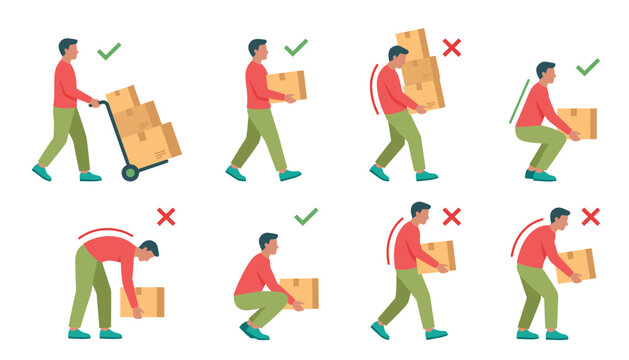 Safe lifting posture vector set. Cartoon ergonomics guide showing correct and wrong ways to carry heavy cardboard boxes, hand truck, spine angles.