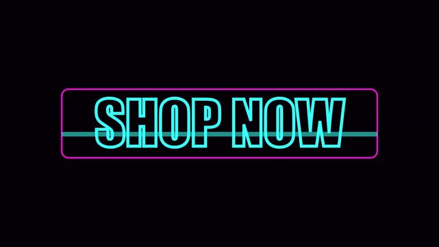 Neon shop now button animation with glitch effect for e-commerce and digital marketing neon sign call to action