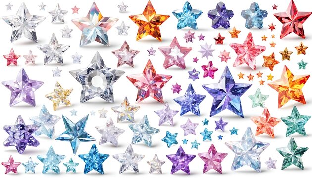 Set of sparkling star shaped crystal stickers, colorful decorative elements with shadow cut out isolated on white background. AI Generated.