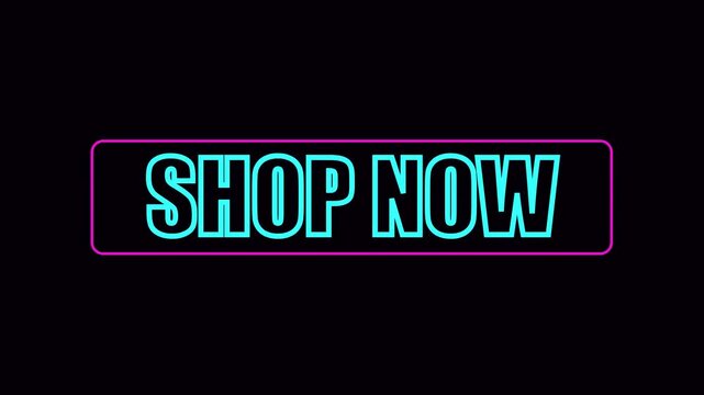 Neon shop now button animation, glowing cyan and pink call to action for e-commerce marketing and digital sales promotions