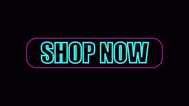 Neon shop now button animation, glowing cyberpunk call to action overlay for e-commerce and digital marketing