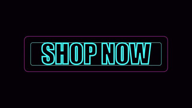Neon shop now button animation, glowing cyberpunk call to action sign for e-commerce and digital marketing