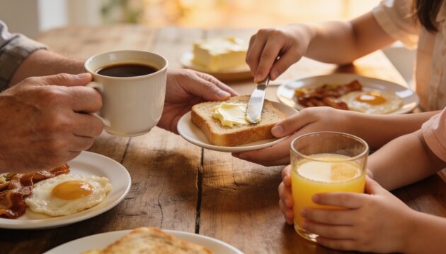 Morning Meal Ritual: A close-up shot of hands preparing and enjoying a delightful breakfast spread, featuring coffee, orange juice, buttered toast, eggs, and bacon.