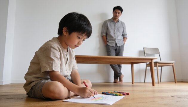 Childhood Creativity and Father's Watch: A young boy, focused and creative, draws with crayons on paper spread on the wooden floor, while his father stands in the background.