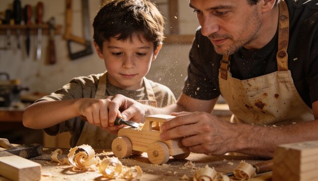 Father and Son Woodworking Together: A focused father guides his young son as they carve a wooden toy car in a sun-drenched workshop, surrounded by sawdust and wood shavings.
