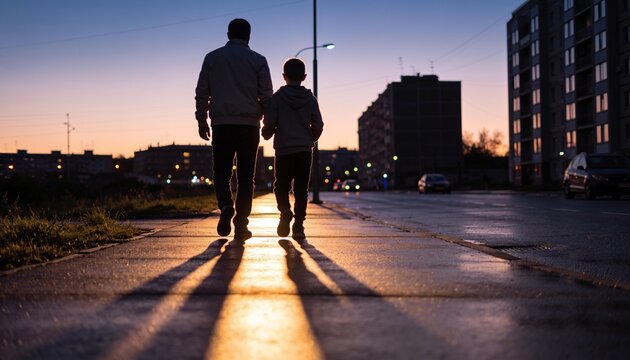 Father and Son Walking at Dusk: A father and son walk hand-in-hand on a sidewalk as the sun sets, casting long shadows and painting the sky in hues of orange and purple.