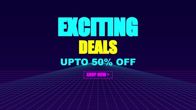 Retro synthwave exciting deals sale background, 50% off promotional, motion with neon, grid aesthetic retrowave
