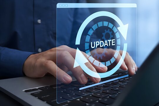 Update of system and software. Security patch and firmware version upgrade. Businessperson using laptop computer to apply bug fixes.