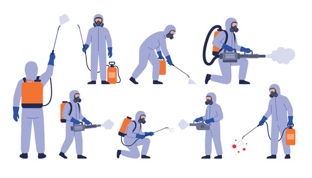 Pest control workers vector set. Professional exterminators in hazmat suits spraying disinfectant, gas masks, chemical tanks.