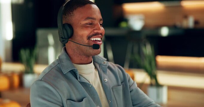 Telemarketing, smile or black man in house with headset, crm service or investment advice in remote work. WFH, talking or finance consultant with mic, online banking or contact us with loan support.