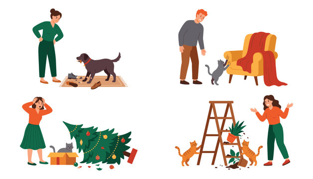 Naughty pets vector set. Cartoon owners angry at cats and dogs destroying furniture, shoes, plants, Christmas tree.