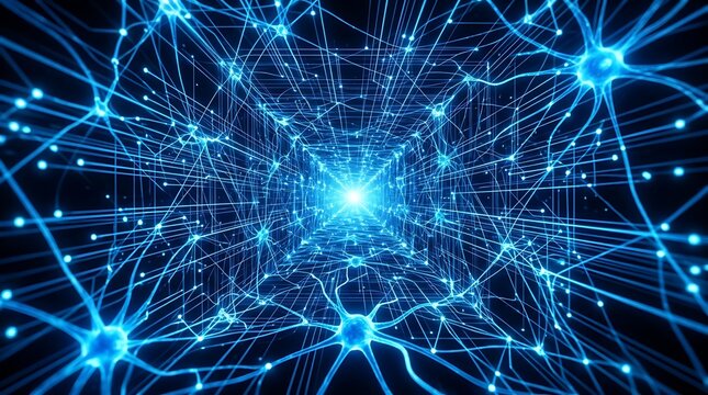 Artificial intelligence network futuristic neural connections and data tunnel visualization