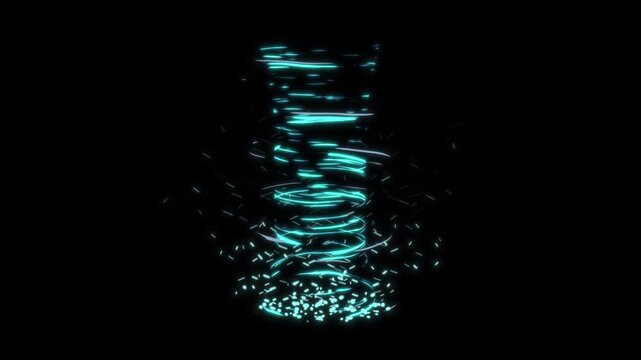 Anime tornado with blue wind swirl rings light trail overlay, chaotic hand drawn tornado cyclone animation, powerful whirlwind vortex storm effect on black screen, premium VFX 4K animation