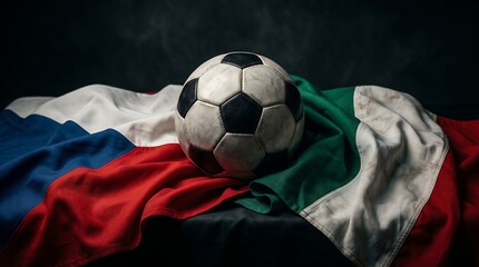 Fototapeta premium Soccer ball resting on the flags of the czech republic and italy
