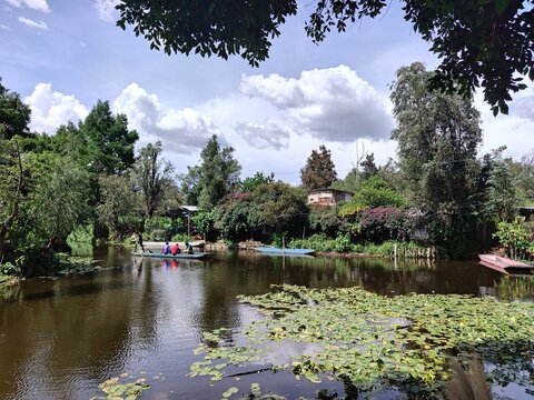 Trajinera with Passengers Drifting Along Peaceful Xochimilco Canal, Mexico City