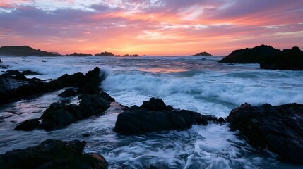 Obraz premium Foamy and stormy tide pools reflect the vibrant hues of the sunset sky over the ocean