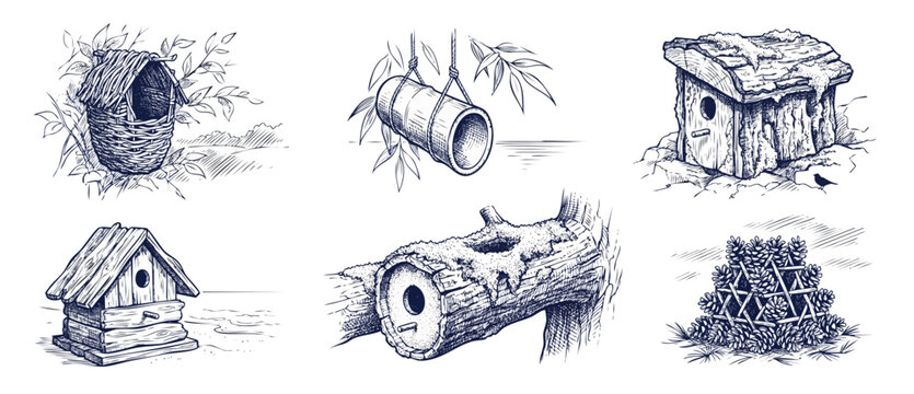 Birdhouse sketch illustration nesting box collection of rustic handmade wooden bird feeders and natural shelters drawn in vintage engraving style for outdoor backyard garden and wildlife theme design.