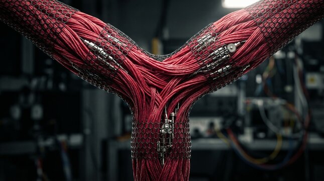 Realistic 3D render of artificial muscle fibers and mechanical tendons with metal clamps in an industrial workshop, representing bio-mechanical engineering