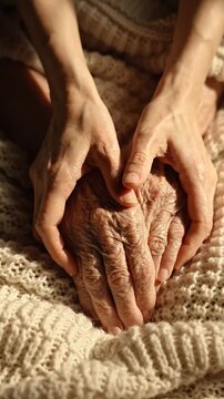 A Heartwarming Moment of Connection: Intertwined Hands of Different Generations Resting on Cozy Knitted Fabric, Symbolizing Love and Family Bonds
