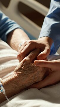 A Heartwarming Moment of Compassion: A Caregiver Gently Holds the Hand of an Elderly Patient, Symbolizing Connection and Humanity in a Hospital Setting