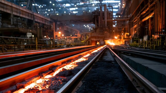 A productive industrial steel mill featuring moving conveyor belts and heavy hinery in a timeless factory setting