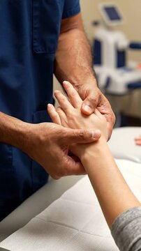 A Healthcare Professional Engaging in a Gentle Hand Assessment and Care for a Patient's Comfort and Well-being in a Clinical Environment