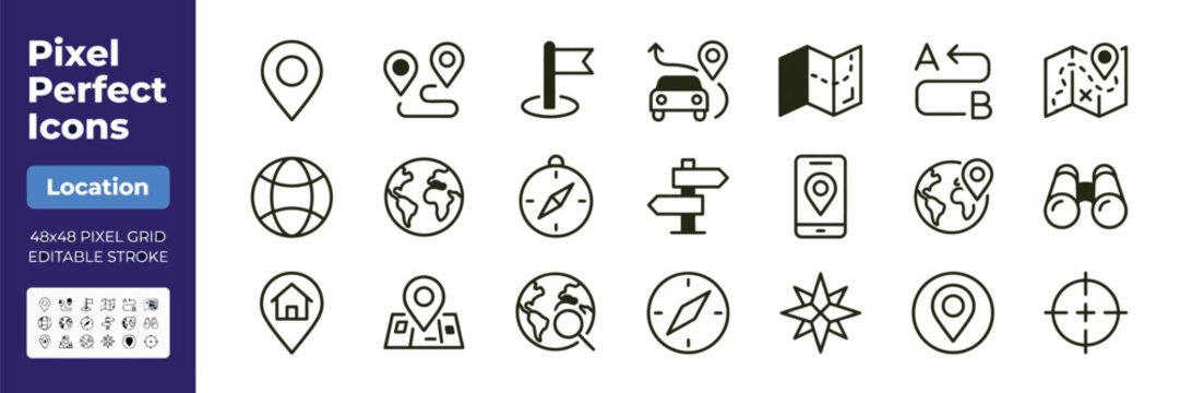 Location Line Icon Set with Compass, Globe, Map, Earth, Distance and Proximity Symbols for Navigation App UI 48x48 Pixel Perfect