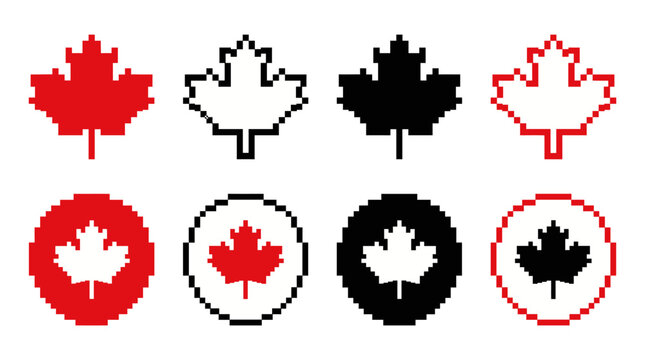 Canadian Maple Leaf Pixel Art Icon Set, Retro Bitmap Style Canada National Flag Symbols, Red and Black Vector Illustrations with Circular Badges