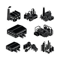 Obraz premium Isometric Industrial Factory Icons Set - Manufacturing Plant Buildings