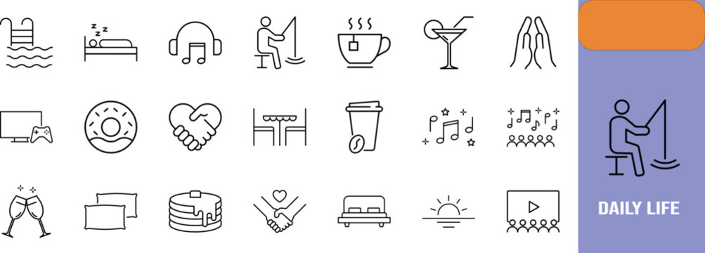Daily life routine activity icons. bed icon set, coffee icon set, music icon set