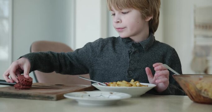 Kid Boy Pray Before Eating Breakfast Lunch in Kitchen. 4K 10-bit