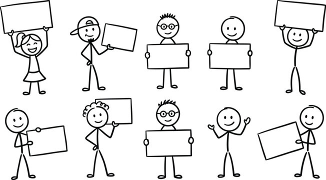 Set of stick figures holding blank signs, cartoon characters with empty placards for text