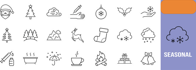 Seasonal winter holiday line icons. santa icon set, snowflake icon set, reindeer icon set © Iconist