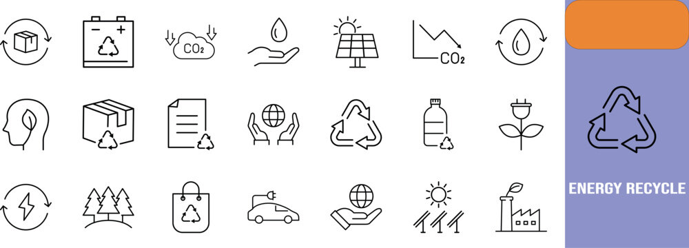 Sustainable energy recycle vector icons. recycle icon set, solar panel icon set, battery icon set
