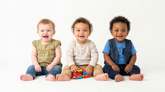 Three diverse smiling babies sitting on white floor with children toddlers friendship multicultural together