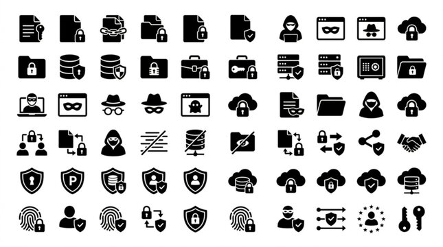 A collection of various security and technology icons are displayed on a surface.