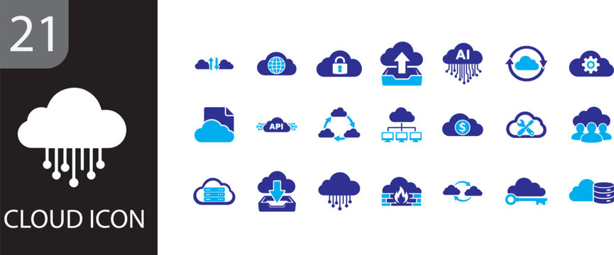 Cloud icon set featuring online storage, backup, sync, hosting, and computing technology symbols.