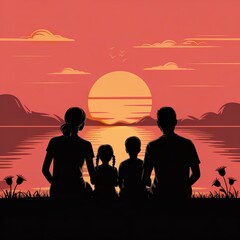 Fototapeta premium Family watching sunset over lake