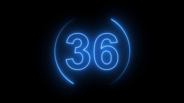 Neon countdown from 40 to 0 second animation, 40 second countdown timer animation. neon light numbers from 40 to 0, laser ray appears interesting circle animation on black background.
