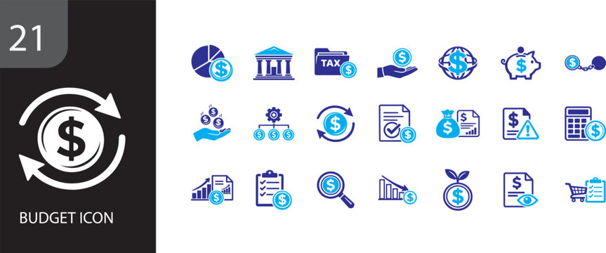 Budget icon set for finance, saving, expense tracking, accounting, and money management design.