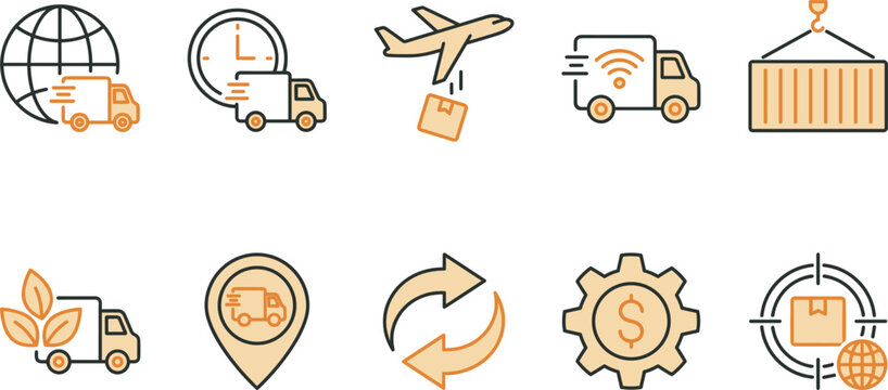 Modern logistics and supply chain icon set featuring global shipping tracking delivery sustainability and fulfillment services