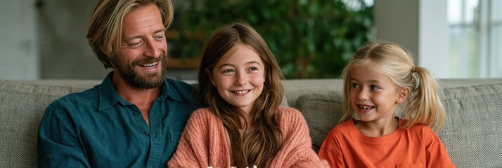 Obraz premium Father and daughters smiling and sitting together on home sofa