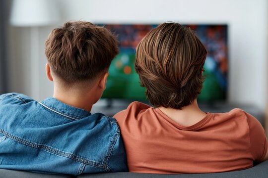 Two friends sitting on couch watching television in living room