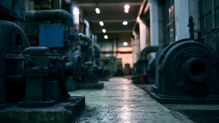 Fototapeta premium A gritty detailed view of a worn factory floor featuring industrial hinery and rough metal textures under dramatic lighting