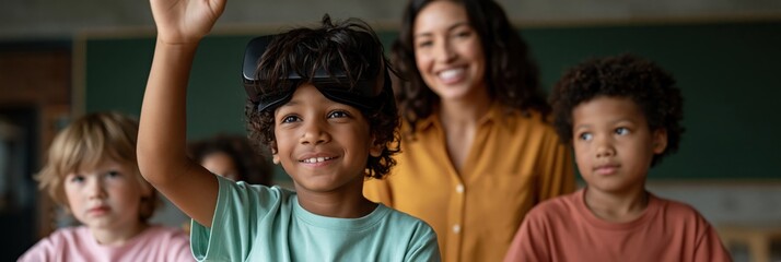 Obraz premium Children raising hand and smiling in classroom group